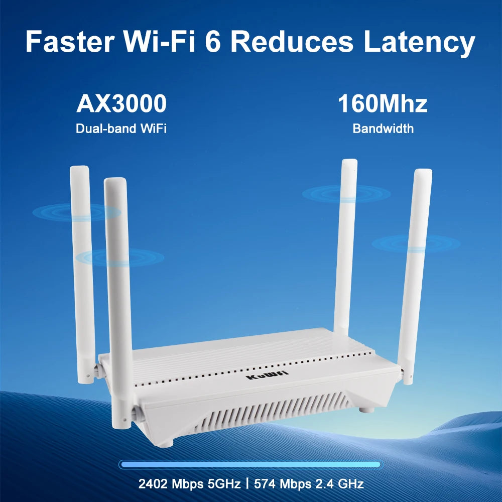 KuWFi AX3000 WiFi Router 3000M 2.4G 5G Dual Band WiFi6 Gigabit Ethernet Port External Antenna Support AP Repeater MESH VPN WPS.