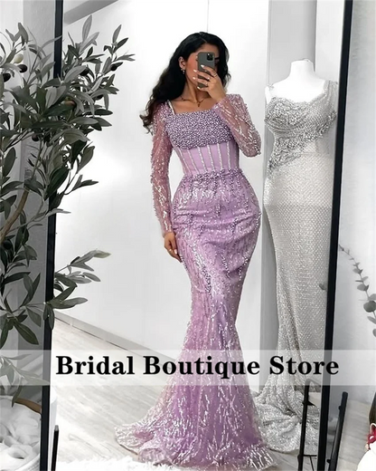 Glänzende blaue Dubai-Abendkleider 2025, mit Perlen verziert, Kristalle, Hochzeitskleid für besondere Anlässe, maßgeschneidert.