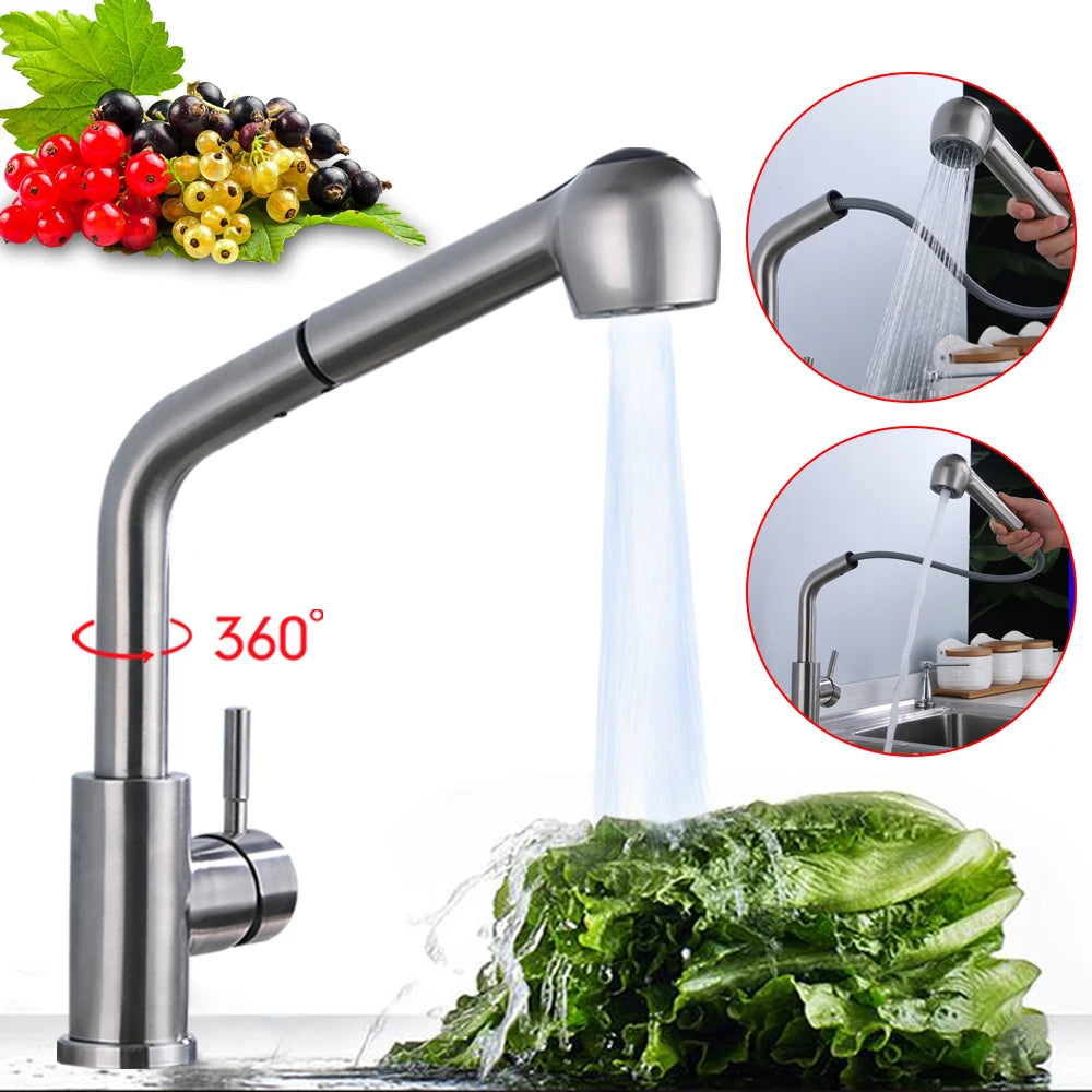 360° Rotating Retractable Sink Faucet Hot and cold Water Button Ceramic Valve Kitchen Stainless Steel Faucet with Shower