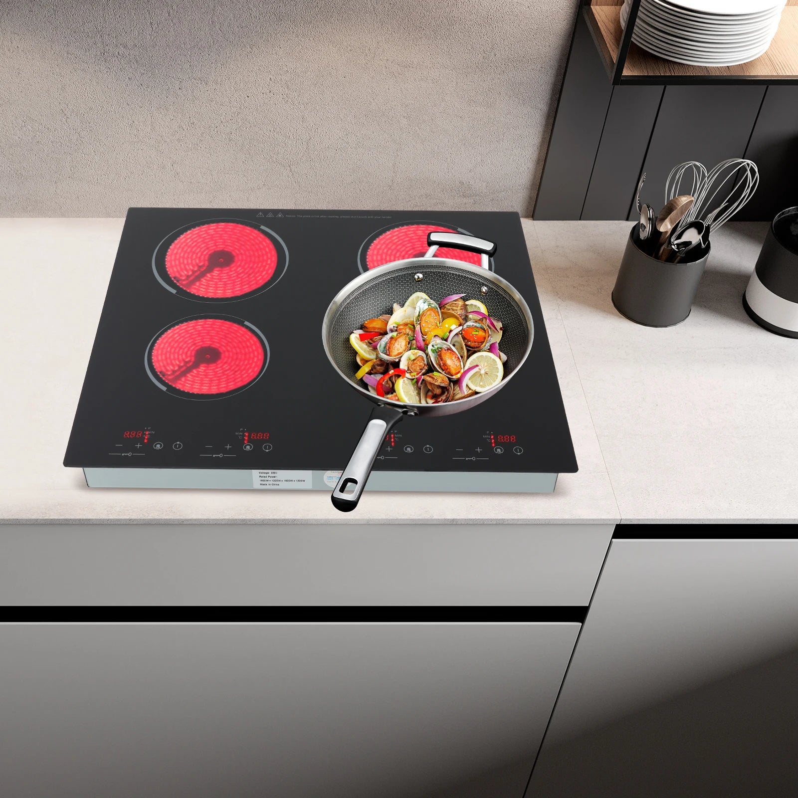 6000W Electric Ceramic Stove, 9 Power Adjustment Gear, Touch Screen Control 4-head Induction Cooker Electric Ceramic Cooktop.