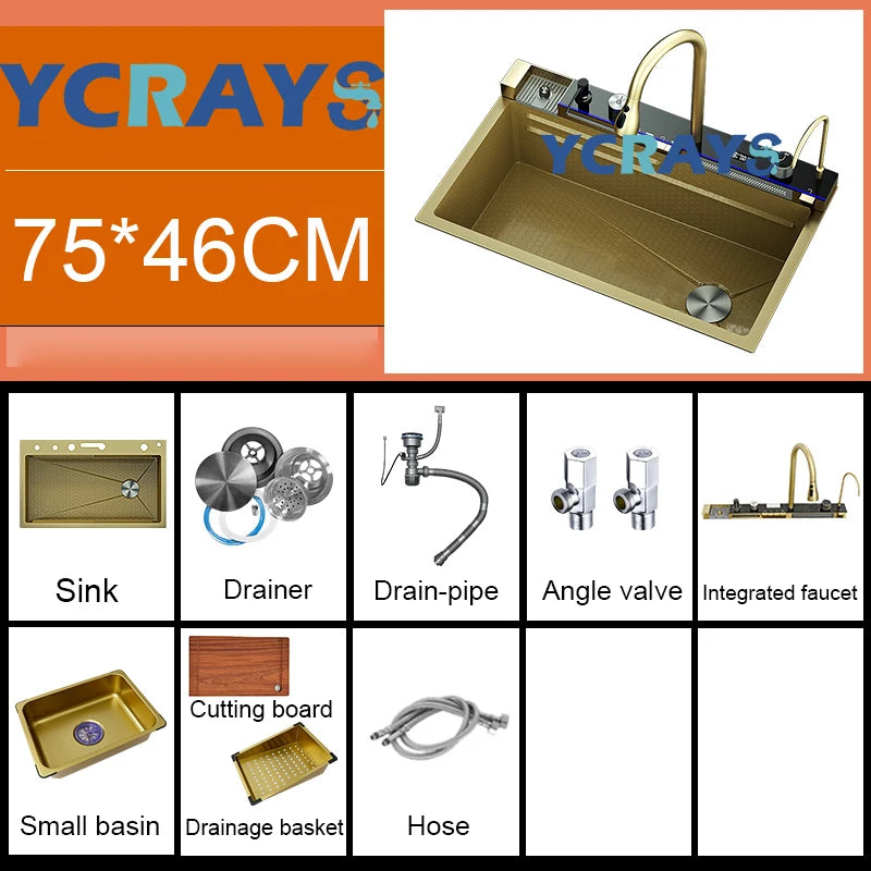 YCRAYS White Nano Kitchen Sink Large Single Slot Waterfall Integrated Digital Display Faucet Soap Dispenser Cup Washer Pure Tap