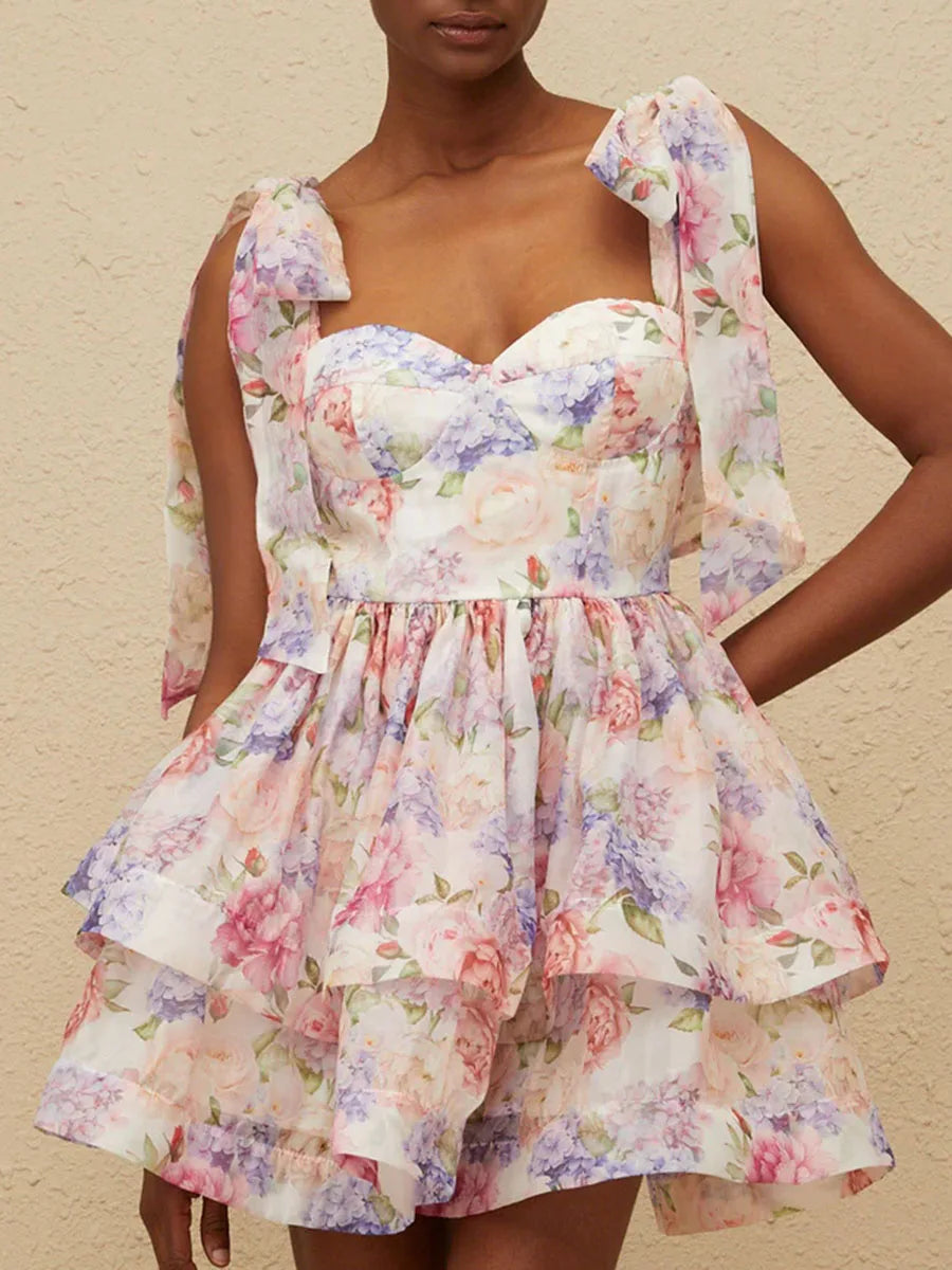 TWOTWINSTYLE Abnehmen Druck Verstärktes Spitze Up Elegante Kleider für Frauen Square Neck Ärmellose Patchwork Rüschen Kleid Weibliche.