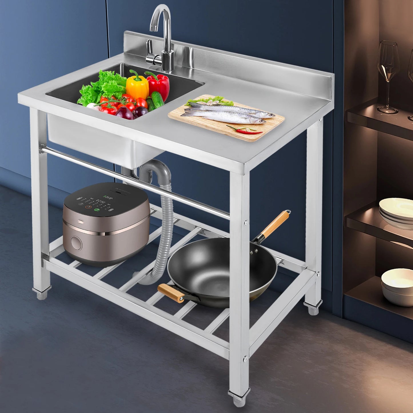 Kitchen Sink with Base Cabinet, Stainless Steel Sink 80 cm Wide with Trim, Freestanding Sink with Tap, Drain Hose, Kitchen Sink