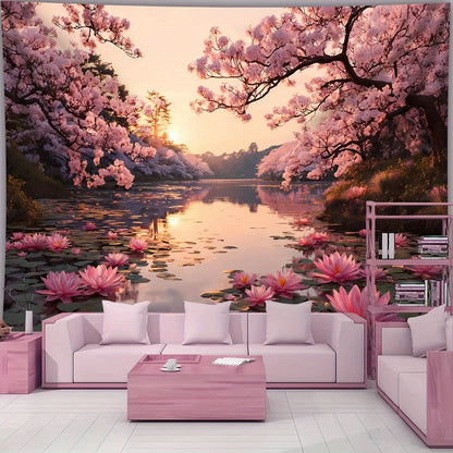 [Beautiful Landscape Tapestry] Extra Large Size - Beautiful Lotus and Cherry Blossom Lake Landscape Photo Tapestry | Polyester A.
