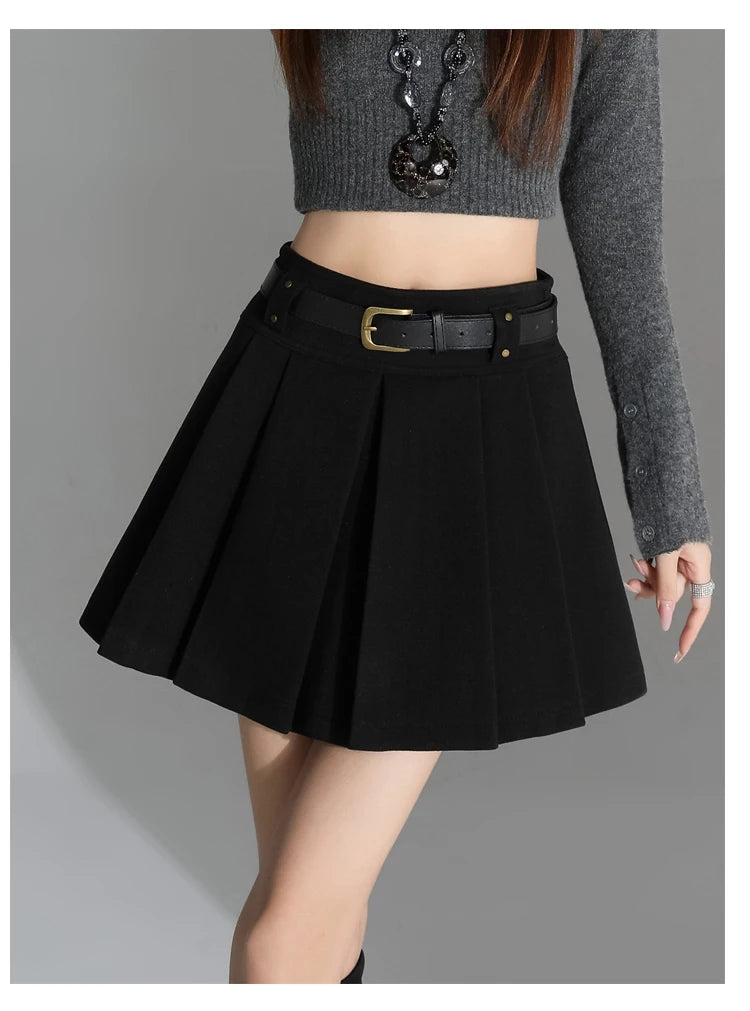 Preppy Style Coffee Woolen Skirt for Women Autumn Winter 2025 Chic High-waisted Mini Skirt Female Korean Thick Outwear Faldas.