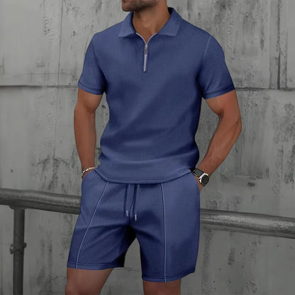Men's Sportswear set, men's Zipper Polo Shirt set, 3D Printed Casual Zipper Polo Shirt + Shorts 2-piece Business Sportswear Set.