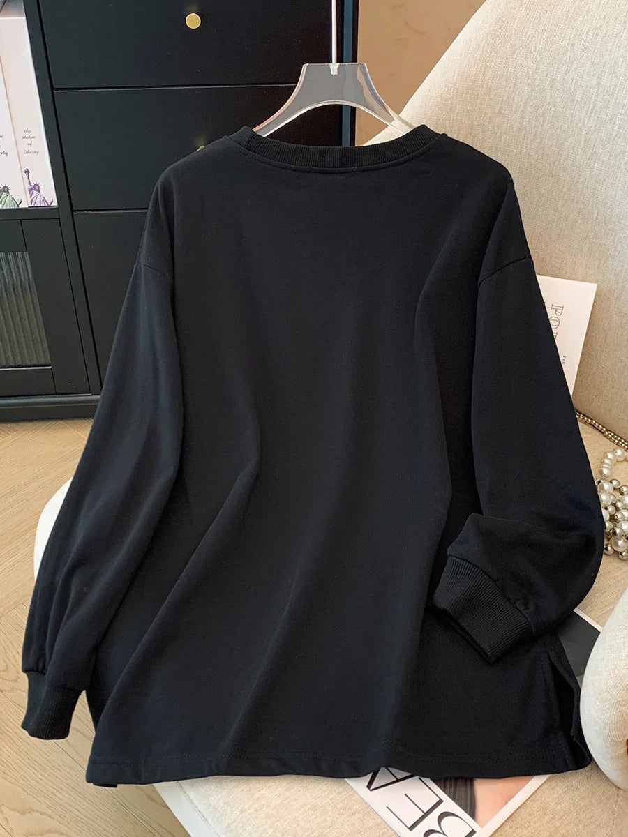 150 kg Übergröße Damen Büste 155 Frühling Herbst Lose Sweatshirt mit hellem Diamantherz Schwarz 5XL 6XL 7XL 8XL 9XL.