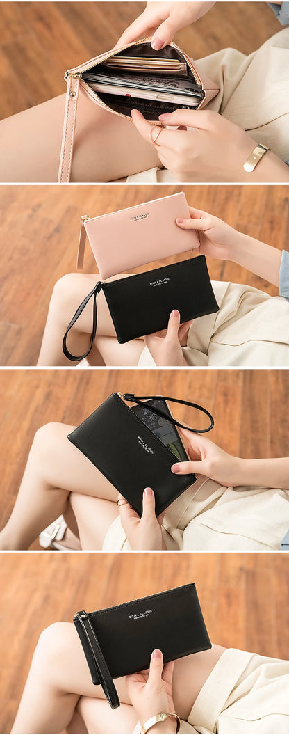 Simple Solid Color Thin Long Wallet PU Leather Large Capacity Zipper Wallet Classic Fashion Womens Handbag Can Hold Mobile Phone.