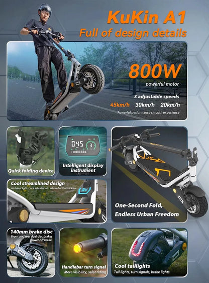 Kukirin A1 800W Motor 2025 Folding Electric Scooter 48V 13Ah Battery 10 inch Vacuum Tire 45 km/h Max Speed 45km Range.