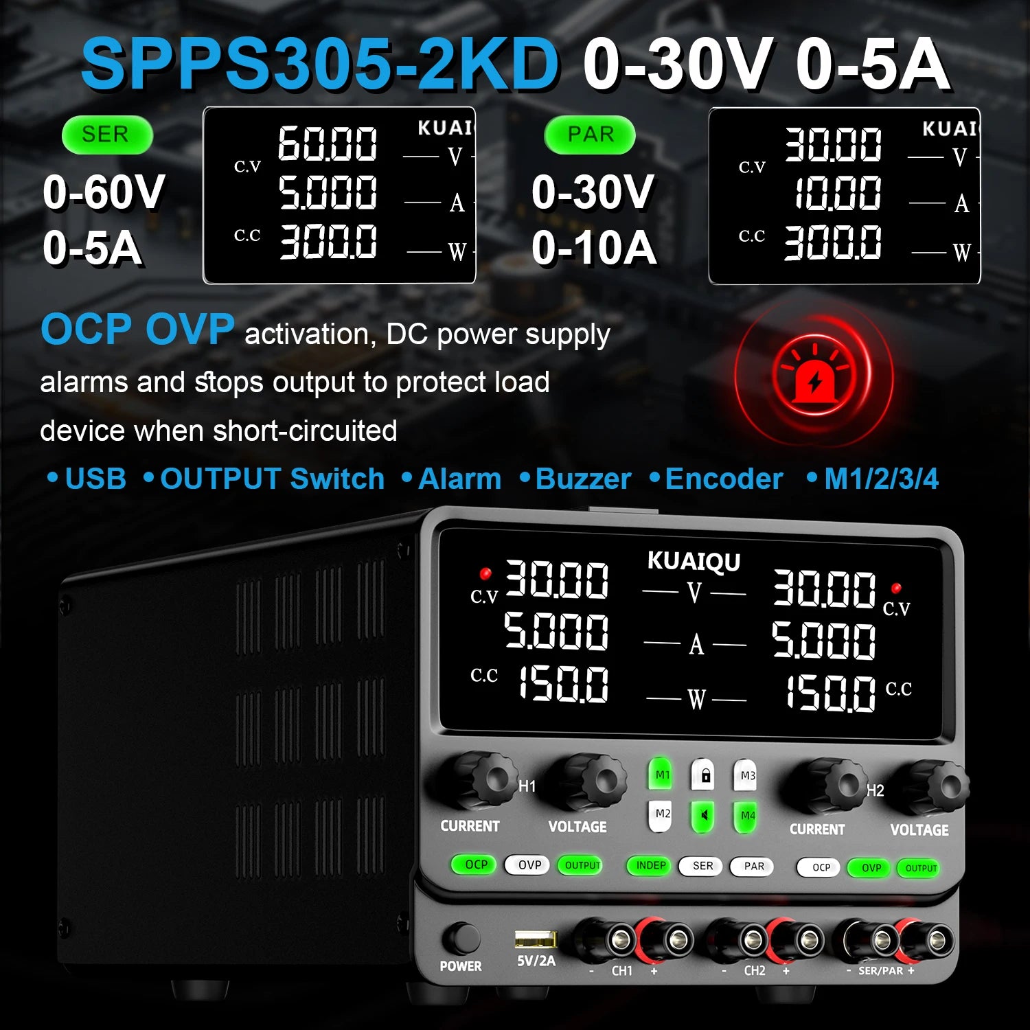 KUAIQU Newest 30V10A Dual Channel Bench Power Supply 3-Way Series-Parallel Output Overvoltage Overcurrent Protection Laboratory.