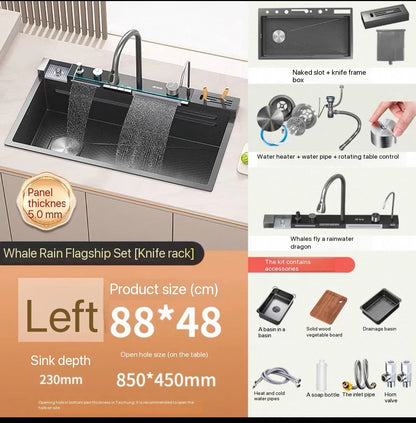 Küchenspüle aus Edelstahl mit Wasserhahn, Digitalanzeige, große Einzelschüssel, Wasserfall, Regen, 5-Funktionen-System, Spülbecken, Spüle
