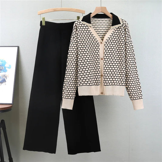 Women 2 Piece Set Knit Sweater Jacket Cardigan Wide Leg Pant Muslim Casual Knitted Outfits Tracksuit Suit Autumn Winter Knitwear.