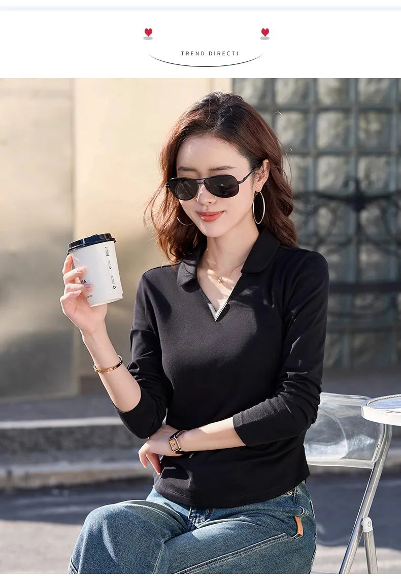 Korean version wine red long sleeved T-shirt for women in spring and autumn, new high-end fashion plus size lapel casual top.