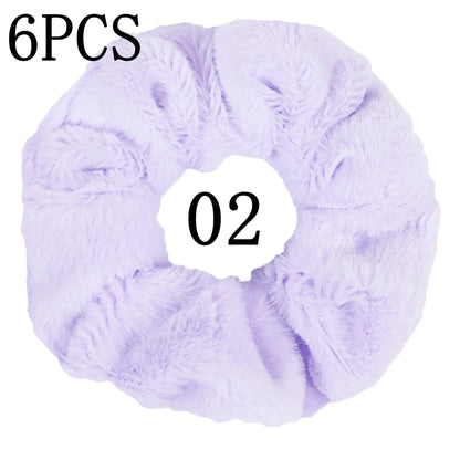 6pc Hair Scrunchies Furry Elastic Band Women Girl Ponytail Holder Rubber Ties Accessories Plush Faux Fur Soft Chiffon Headband.