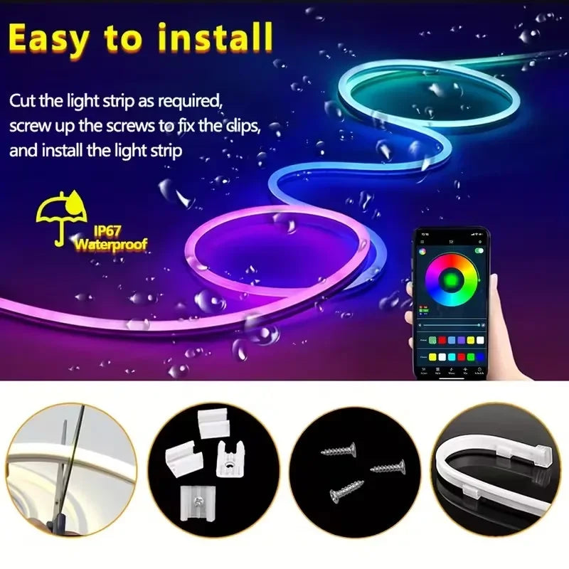 Smart RGB Rope Lights 1M 2M 3M 5M Neon LED Strip Lights APP & Remote Control Waterproof Flexible Ribbon for Christmas Decoration.
