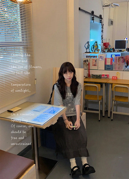 Vintage Black Midi Skirt Women Japanese Harajuku Drawstring Bud Skirts Summer Streetwear Korean Casual Design A Line Faldas New