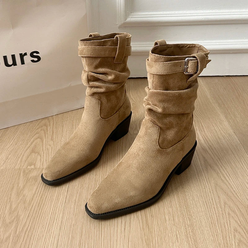 Autumn Winter Suede Pointed Toe Women Ankle Boots Fashion Slip On Thick Heel Shoes Ladies Elegant Slim Short Booties