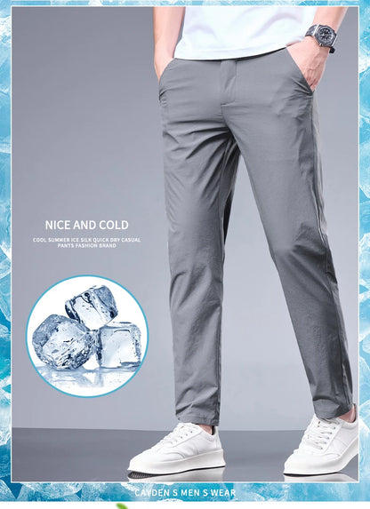 Summer New Business Ice Silk Pants Straight Elastic Waist Black Gray Trousers Breathable Simple Male Clothing Casual Suit Pants.