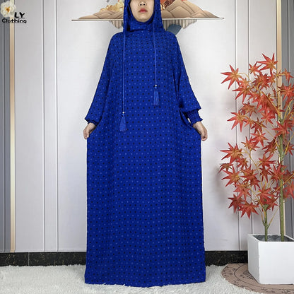 2024New Pure Cotton Ramadan Muslim Two-Hat Abaya Dubai Turkey Islam Prayer Clothes Loose Robe Islamic Women Traditional Clothing