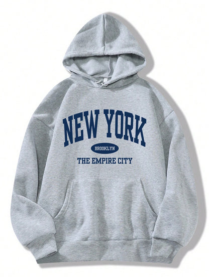 New York Text pattern Pocket Drawstring Hoodie Fleece Warm Hoodies Long Sleeve Tops Autumn Fashion Hoody Casual Loose Streetwear.