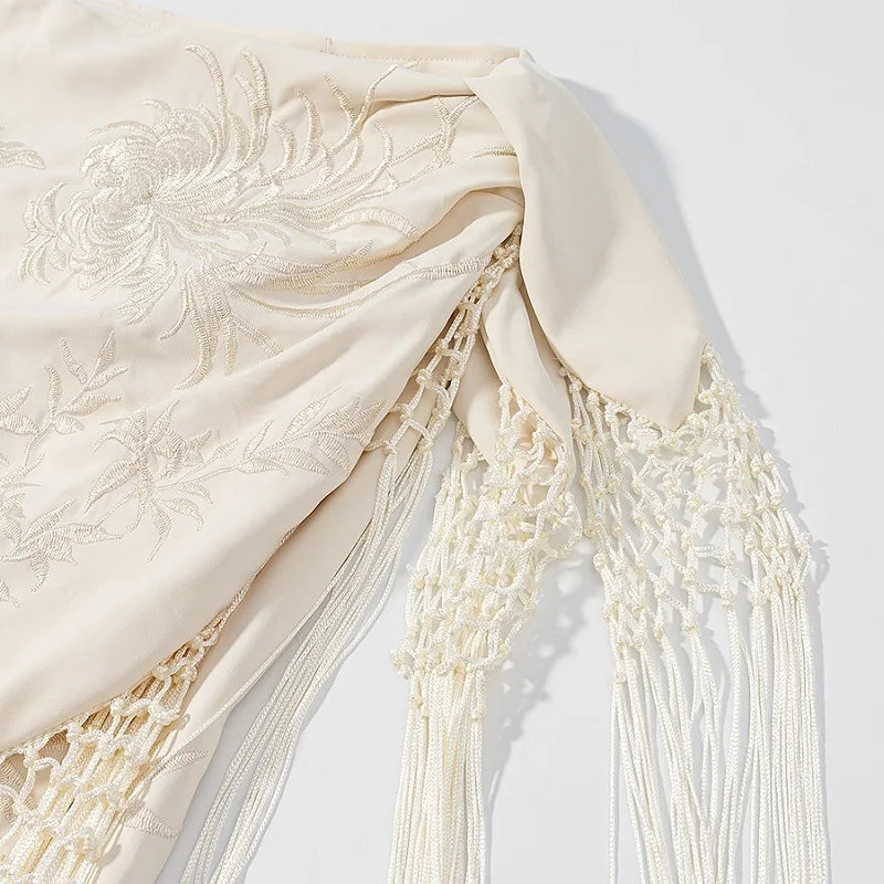 MUJER Embroidery Lace Long Skirt Woman High Waist Midi Skirts for Women Summer Beach Skirt Woman Tassel Women's Skirts Cylinder.