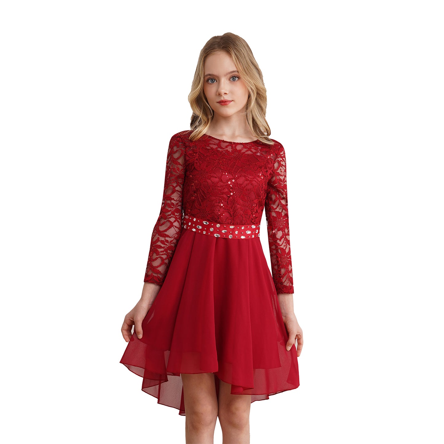 Elegantes Spitzen-Partykleid für Kinder, Mädchen, Chiffon, Spleißen, langärmelig, Kleid mit hohem und niedrigem Saum und Strass-Schärpe für Hochzeit, Geburtstag.
