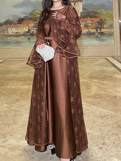 Muslim Women Abaya Dress 2 Piece Set Flare Sleeve Lace Sequin Satin Morocco Caftan Dress Musulman Ensembles Cadigan Outfit Suits