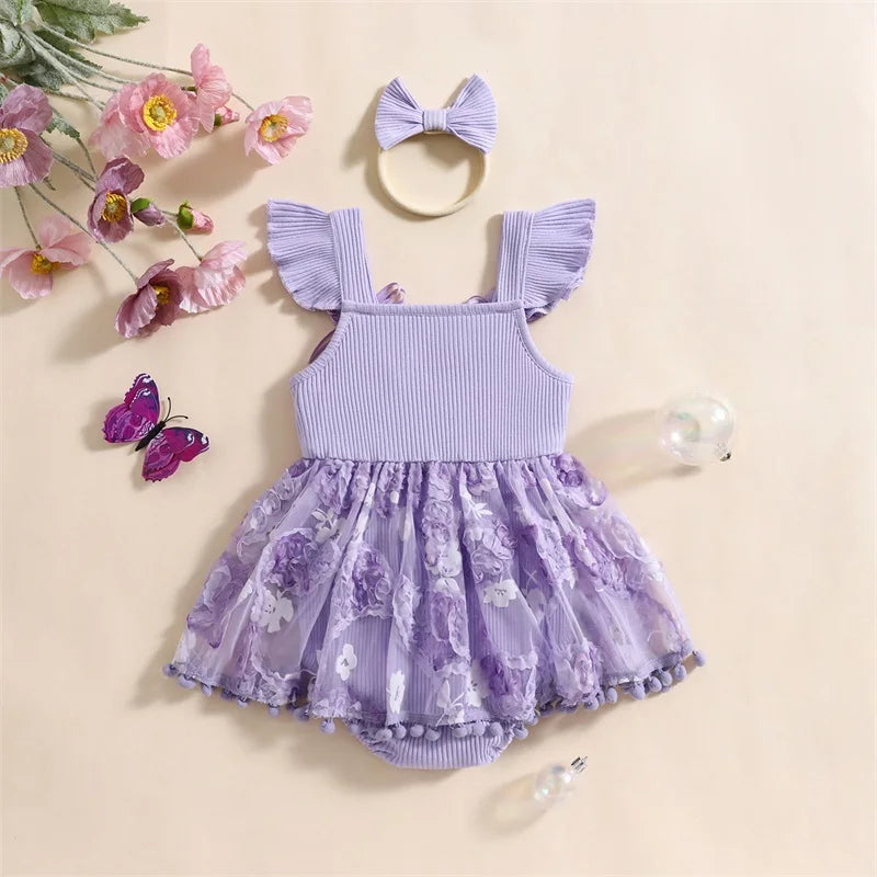 0-18M Kleinkind Baby Mädchen Sommer Strampler Kleid Nette Rüschen Ärmellose Square Neck Blume Body mit Stirnband Set neugeborene Kleidung.