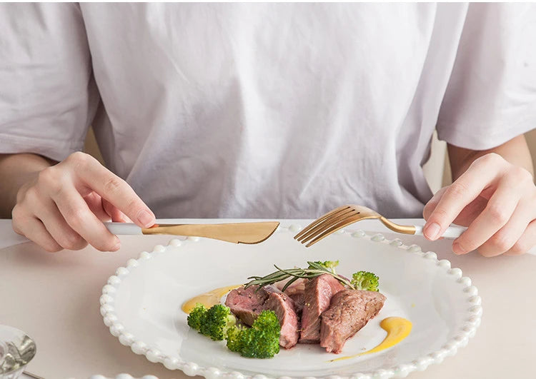 Ceramic Tableware Set Nordic Creative Pearls Beaded Edge Western Food Snack Plate Rice Bowl Soup Bowl Steak Plate Set Kitchen.