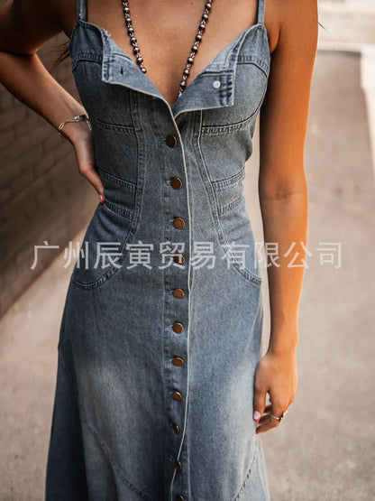 Europa und die Vereinigten Staaten Retro Wash Do Old Denim Neckholder Slim Single-Breasted Big Swing Kleid für Damen Sommer Vestidos.
