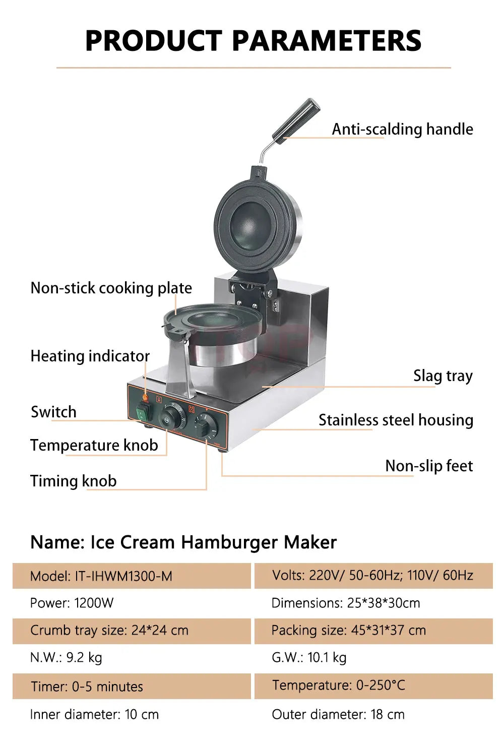 ITOP Gelato Panini Press Machine Commercial Ice Cream Waffle Maker Krapfen Bread Hamburger Filling Machine 10cm 1200W 110V 220V.
