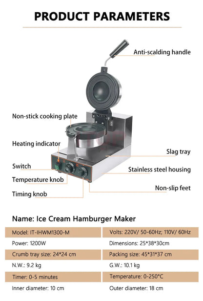 ITOP Gelato Panini Press Machine Commercial Ice Cream Waffle Maker Krapfen Bread Hamburger Filling Machine 10cm 1200W 110V 220V.