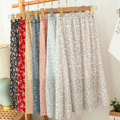 Gidyq Women Chiffon Midi Skirt Korean Fashion Floral Loose Skirts High Waist Female Casual All Match A Line Skirts Summer New.