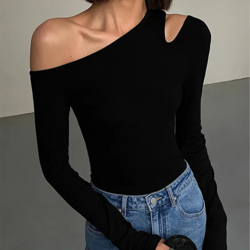 Fashion Skew Collar Off-shoulder Long-sleeved T-shirts Women Spring New Solid Slim Fit Crop Top Sexy Hollow Out Tees Shirts.
