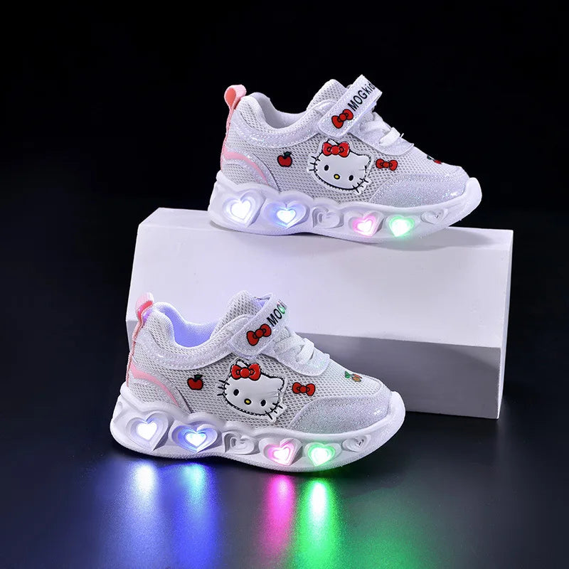Kids'Casual Shoes Girls Led Light Cartoon PU Leather Fashion Sport Flat Bottom Shoes Breathable White Pink Size 21-30.