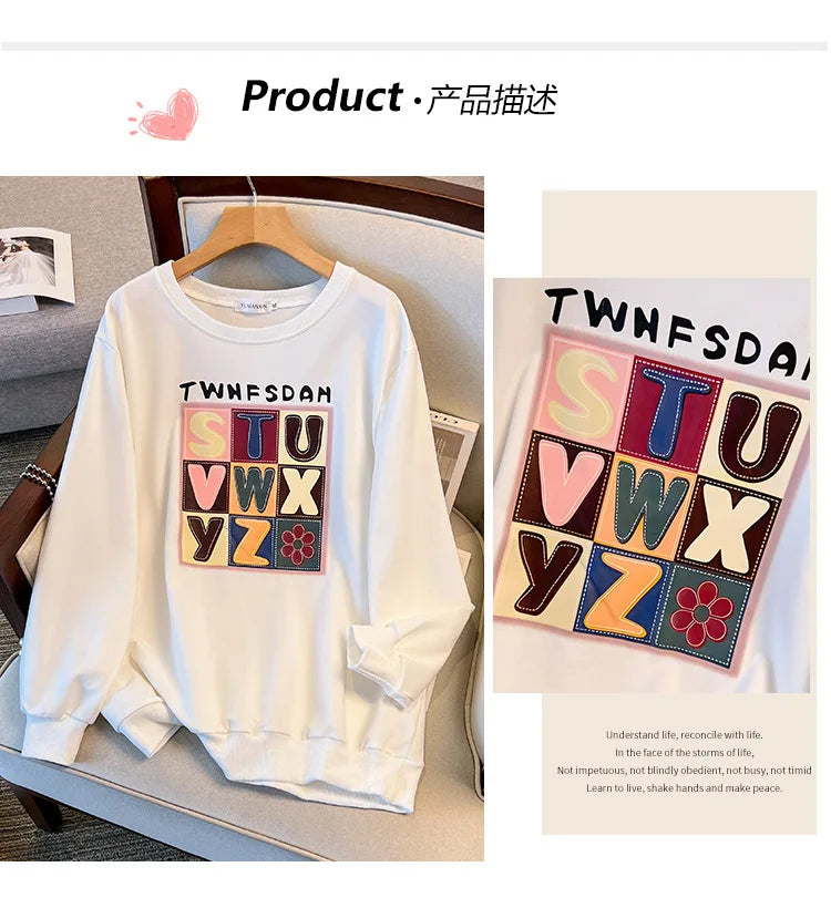 170 kg Plus Größe Damen Büste 170 Frühling Herbst Lose Langarm Druck Brief Pullover Sweatshirts 4XL 5XL 6XL 7XL 8XL 9XL.