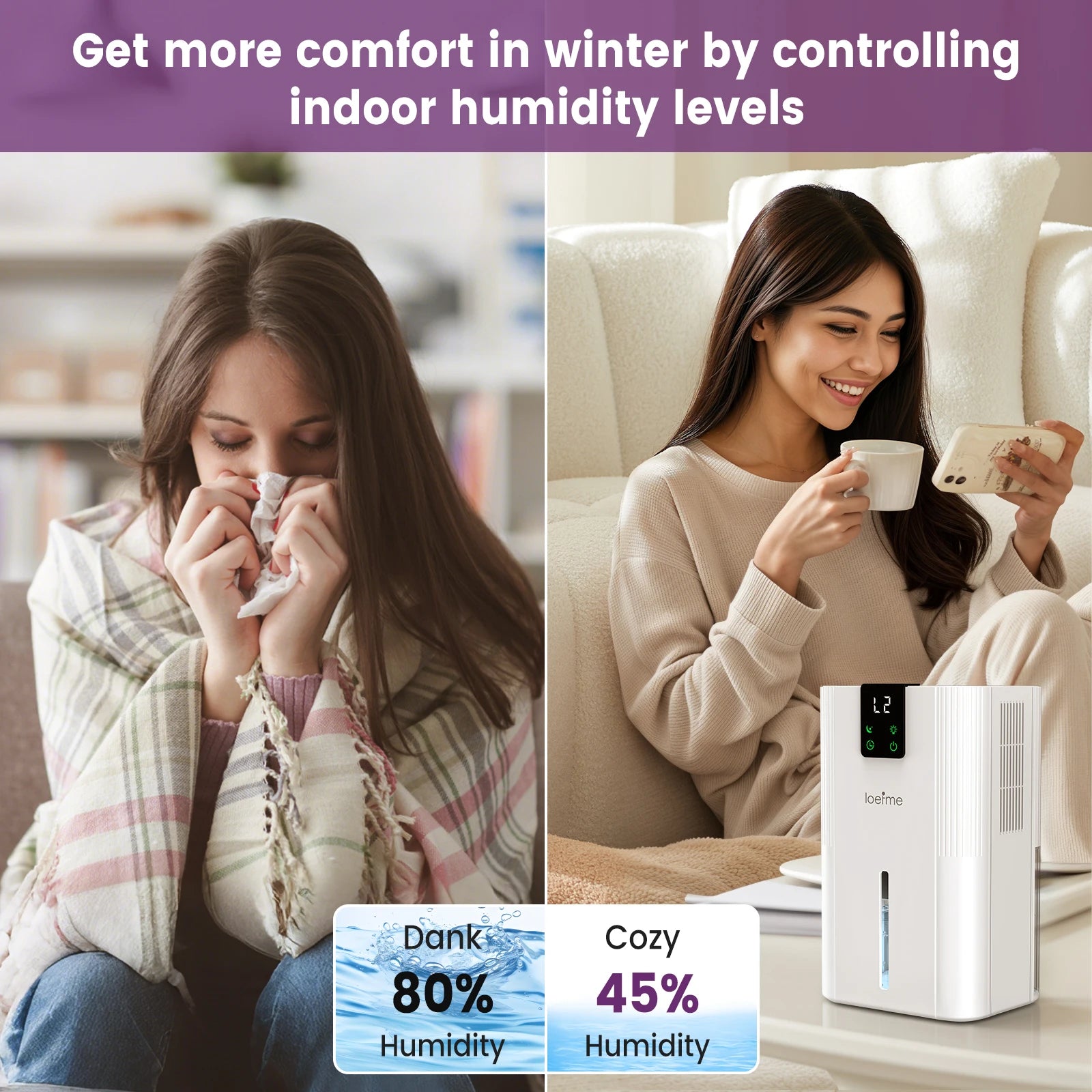 LOEFME 2.8L Mute Dehumidifier 650ml/Day Moisture Absorbers Air Dryer Quiet Air Dehumidifier with Touch Display For Home Bathroom.