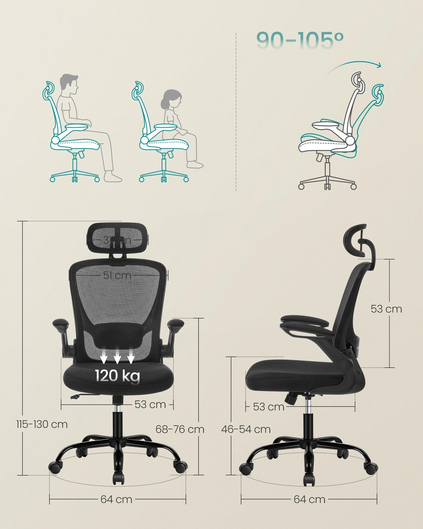 SONGMICS Bürostuhl, ergonomisch, Schreibtischstuhl, Drehstuhl mit Mesh