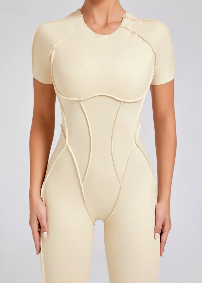 Seamless Yoga Jumpsuits Sports Fitness Hip-lifting Backless Short-sleeved One-piece Workout Gym Leggings Tracksuits for Women.