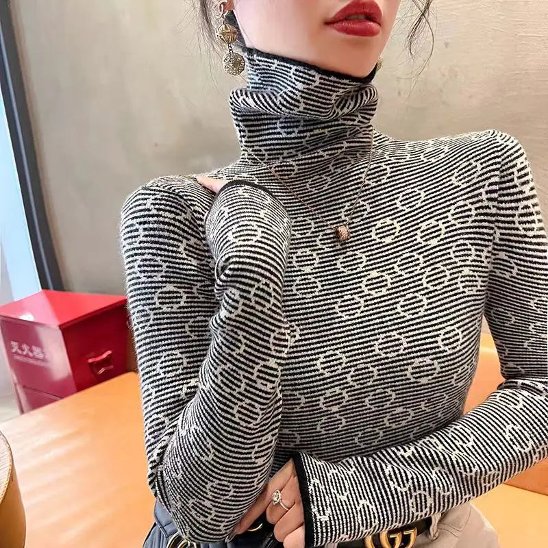 Frauen Kleidung Chic Gestreiften Schlank Rollkragen Pullover Herbst Winter Vintage Alle-spiel Lange Ärmel Stricken Pullover Büro Dame Tops.