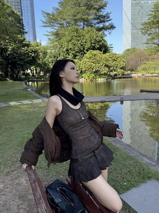 Lautaro Spring Summer Cool Washed Distressed Soft Pu Leather Mini Pleated Skirt Women High Waist Belt Luxury Designer Clothes.