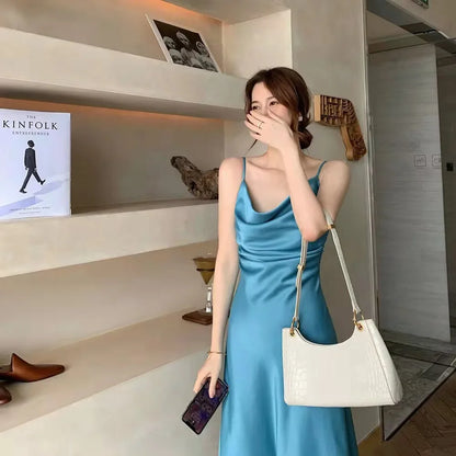 Chiffon-Stoff, Neckholder, mittellanges Kleid für Damen, Sommer, neuer sanfter Stil, schlankmachende Taille, A-Linien-Rock, Polyesterfaser, ärmellos.