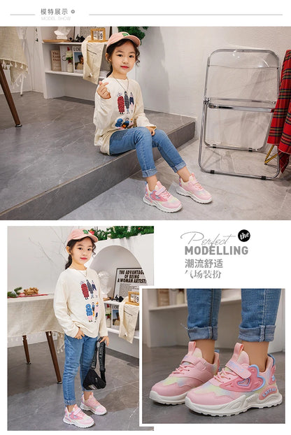Girls Sports Shoes Kids Running Shoes Pink Breathable Air Mesh Heart Sweet Sneakers Cute Hook & Loop Children's Casual  Shoes.