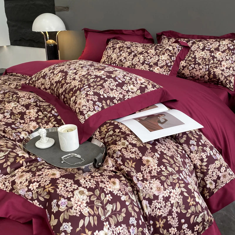 Floral Print 600TC Egyptian Cotton Bedding Queen King Comforter Cover Soft Duvet Cover Set Flat/Fitted Bed Sheet Pillowcases.