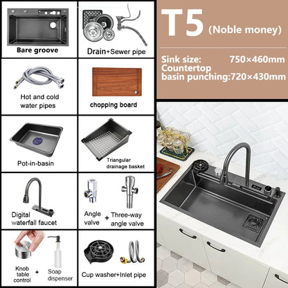 Waterfall Sink Kitchen Stainless Steel Topmount Sink Large Single Slot Wash Basin With Multifunction Touch Waterfall Faucet