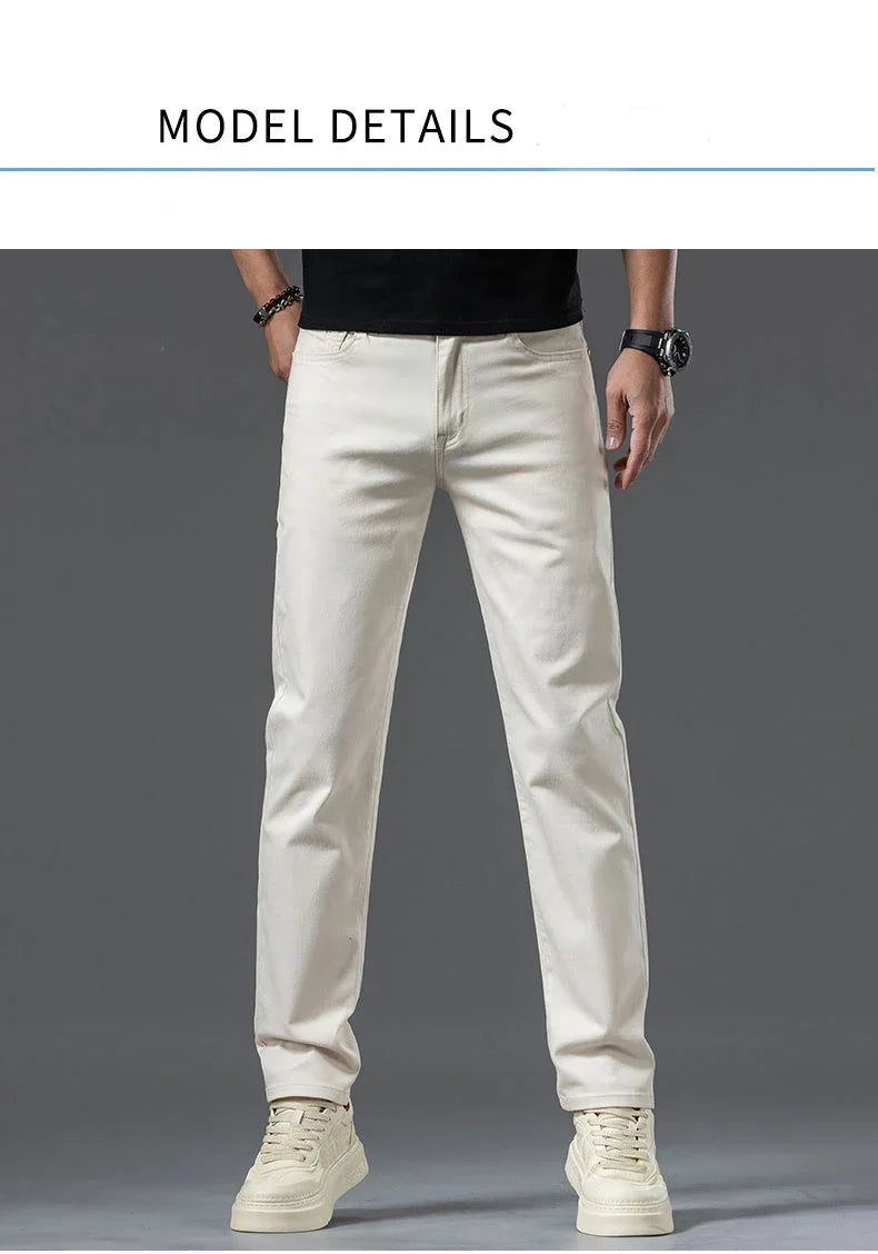 2024 New Summer Thin Men's Straight Denim Cotton Stretch Creamy-white Jeans Classic Business Pants Fashion Trousers Male Brand.
