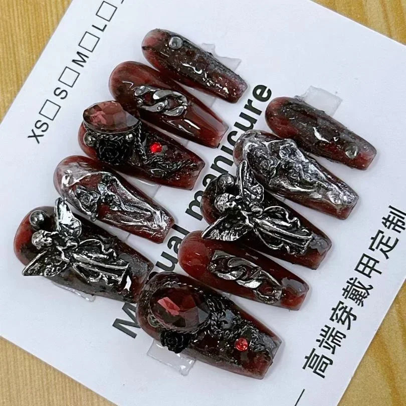 10 Pieces Sweet Cool Dark Style Handmade Wearable Nails Star River Falls Nail Art Patches Scarlet Angel Halloween Fake Nails.