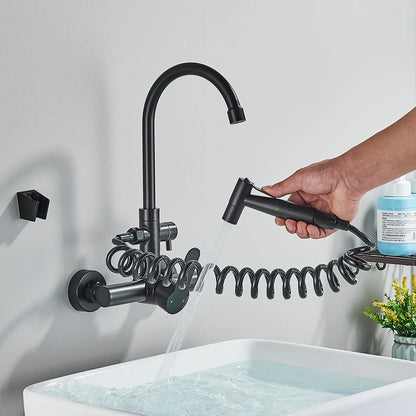 Kitchen Faucet With Spray Gun Wall Mounted Hot Cold Water Mixer Tap Rotatable Faucets Dual Water Mode No Dead corner Cleaning