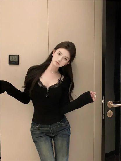 Autumn Sweet Lace Stitching V-neck Skinny Top Pink Coquette Aesthetic Slim-fit Long Sleeve T-shirts Cute Casual Tees Women Goth.