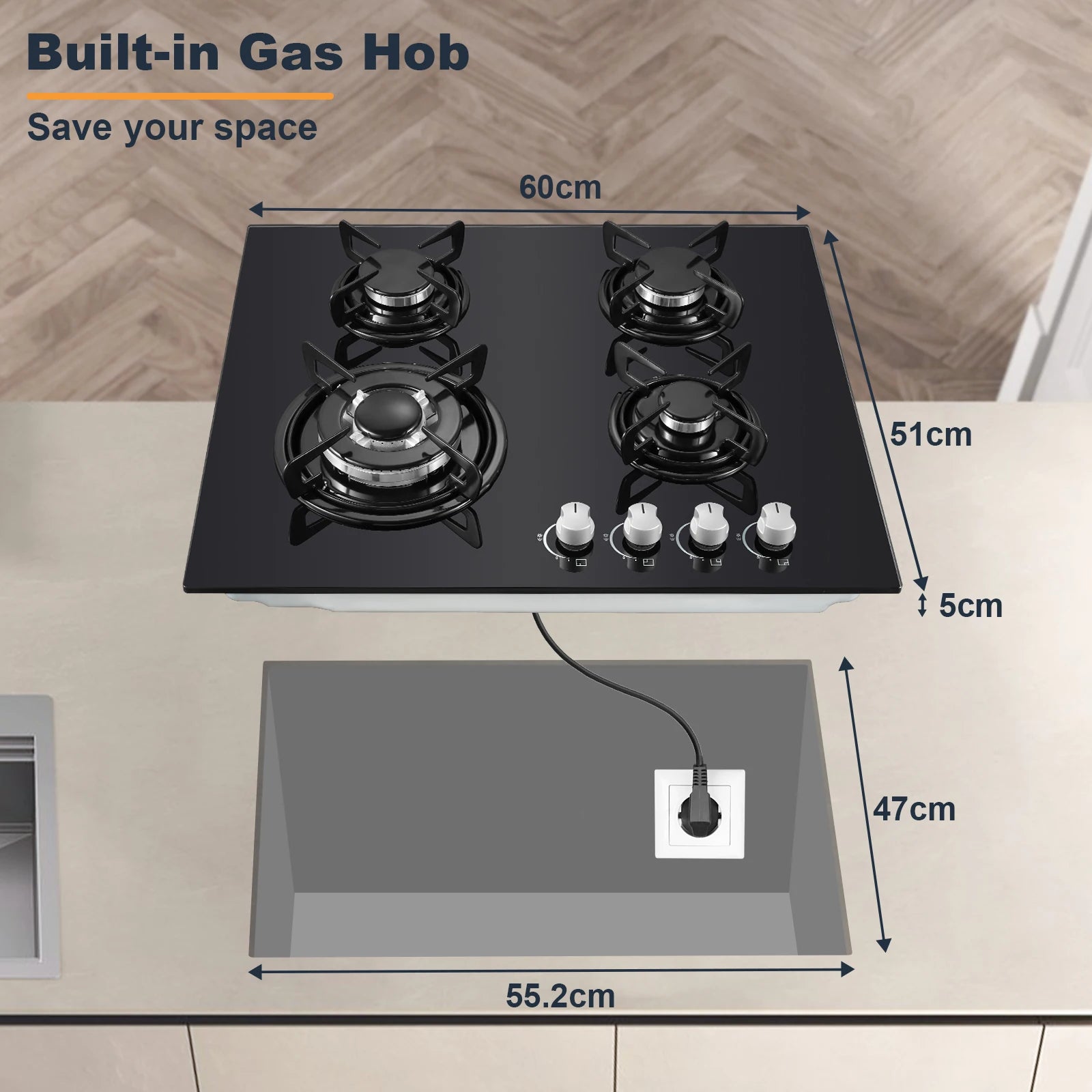 60cm Built-in Gas Hob 4 Burner | Auto Thermocouple & Safety Lock | 4-Zone Tempered Glass 8060W with Auto Ignition.